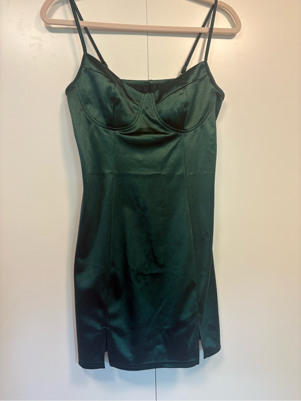 Cider Green Satin Slip Dress with Spaghetti Straps S